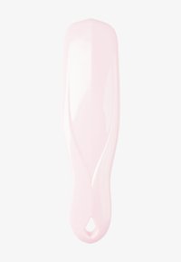 Plastic shoehorn with a glossy, light pink finish. Features an elongated, curved design with a hole for hanging. Smooth texture throughout.