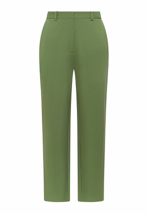 Pantaloni verdi in tessuto liscio, con design a gamba dritta, vita media e tasche frontali. Stile minimalista e colore uniforme.