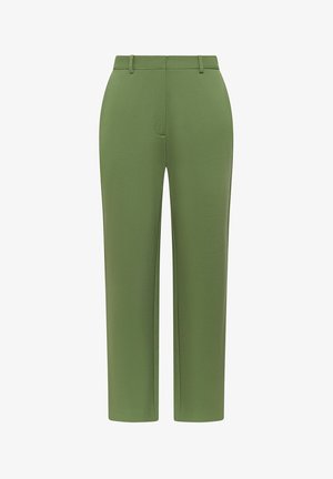 Pantaloni verdi in tessuto liscio, con design a gamba dritta, vita media e tasche frontali. Stile minimalista e colore uniforme.