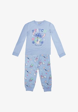 Lichtblauwe kinderpyjama met lange mouwen en lange broek, voorzien van afbeeldingen van het personage Stitch en de tekst "Time to chill" op het bovenstuk.