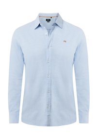 Lichtblauwe, lange mouwen button-up shirt van geweven stof, met een klein oranje logo op de borst en een klassiek kraagontwerp.