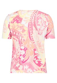 Korte mouw, katoenen top met een levendig roze, oranje en gele paisleypatroon, ronde hals en een gladde textuur.