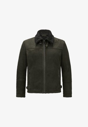 Lederjacke in Dunkelgrün mit einem schwarzen Schaffellkragen, Reißverschluss vorne und zwei seitlichen Reißverschlusstaschen. Glatte Textur und taillierte Passform.