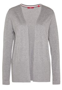 Grå cardigan med V-ringning, öppen front, långa ärmar och ribbade detaljer vid nederkant och fickor. Mjuk stickad material med slät textur.