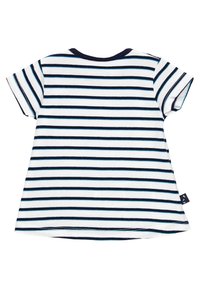 Camicia a maniche corte a righe in cotone. Base bianca con strisce blu navy e azzurre. Collo arrotondato e orlo asimmetrico. Etichetta laterale.
