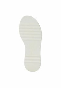 Sole di scarpa in gomma bianca con superficie texturizzata, caratterizzata da linee orizzontali e verticali, e un design con punta arrotondata. Inclusi i contrassegni della taglia.