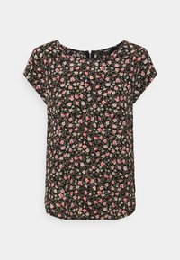Sort blomstret bluse med korte ærmer, prydet med et flerfarvet blomstermønster. Rundet halsudskæring med en lynlåsdetaile bagpå. Blødt, letvægtsstof.