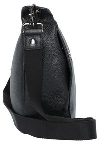 Borsa a tracolla nera in pelle con finitura texturizzata, hardware argentato, forma morbida e tracolla in tessuto removibile.
