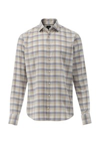 Beige und hellblau kariertes Hemd, langärmlig, mit durchgehender Knopfleiste, aus leichtem Stoff mit weicher Textur und Standardkragen.