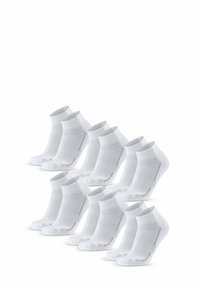Calcetines blancos hasta el tobillo en un conjunto de diez, con un puño acanalado grueso, textura suave y un sutil acento gris en el costado.