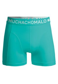 Tirkizne bokserice s glatkom teksturom i bijelim pojasom s logom "MUCHACHO", s prilagođenim dizajnom i dvostruko šivenim šavovima.