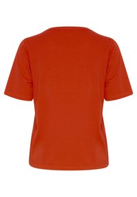 T-shirt kratkih rukava, okruglog izreza u jednobojnoj narančastoj boji, izrađen od mekanog materijala s glatkom teksturom; stražnji pogled prikazuje opuštenu siluetu.