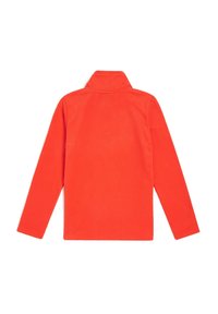 Röd fleece-pullover med långa ärmar och hög krage. Slät textur, enkel design utan synliga mönster eller accenter.