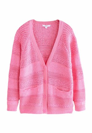 Rosa gestrickte Strickjacke mit V-Ausschnitt, durchgehendem Knopfverschluss und zwei vorderen Taschen. Verfügt über strukturierte Muster und gerippte Bündchen.
