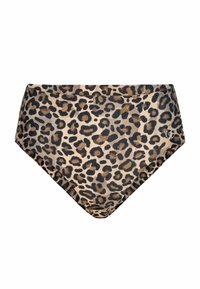 Aukšto juosmens bikini apatiniai su rudu, smėlio ir juodu leopardų raštu bei mažu baltu apvaliu logotipu dešinėje pusėje.