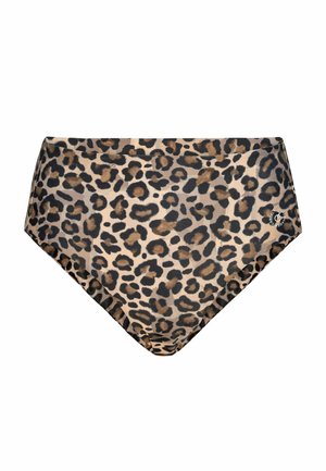 Bikiniji z visokim pasom z vzorcem rjave, bež in črne leoparde ter majhnim belim krožnim logotipom na desni strani.