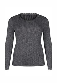 Grå ribbad långärmad tröja med rund halsringning, med en lätt lyster och scalloped kantdetaljer vid hals och ärmslut.