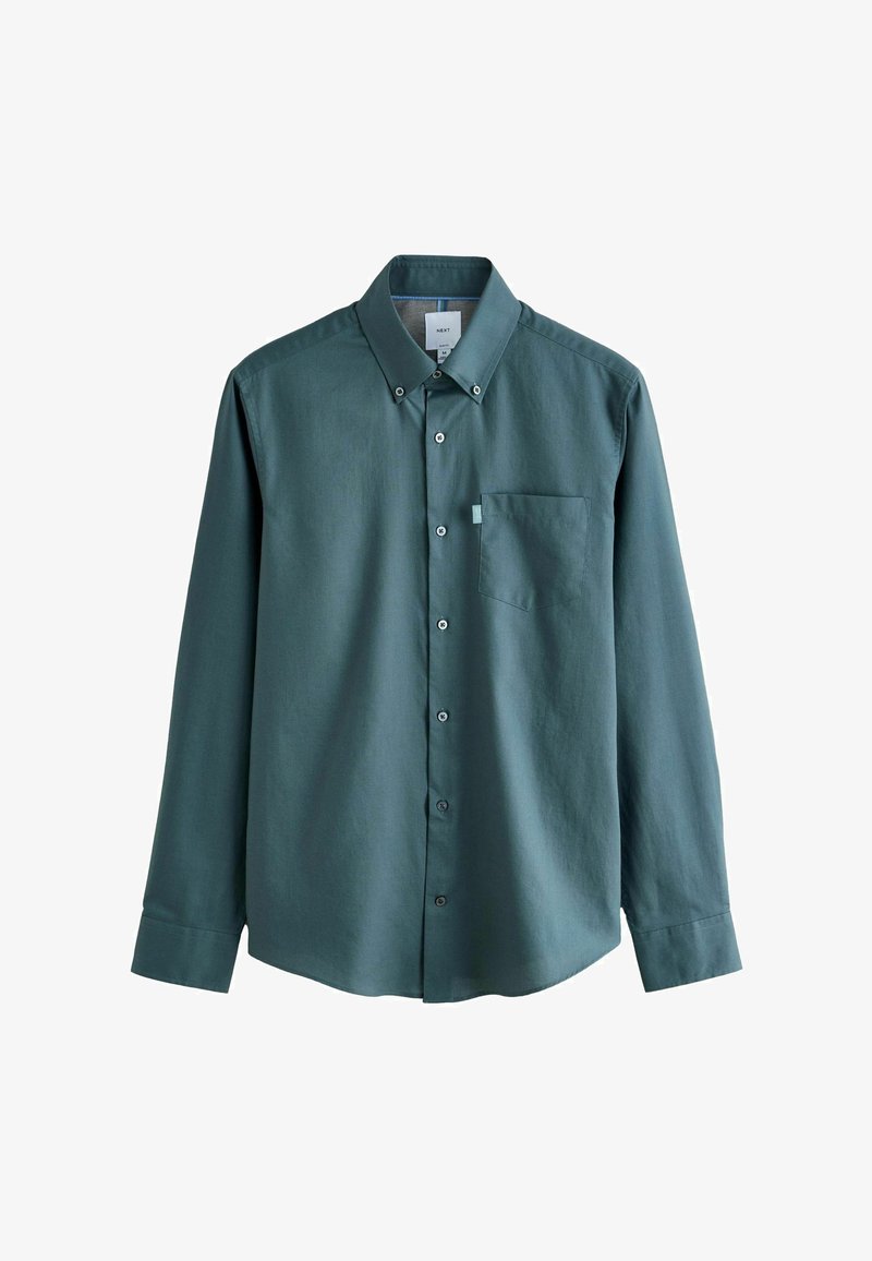 Tirkīzzila garām piedurknēm pogājama krekla krekls ar pogājamu apkakli un krūšu kabatu, attēlots izklāts uz baltas virsmas.