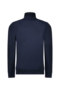 Marineblauwe pullover jack met een hoge kraag, uitgevoerd in soepele stof met gestructureerde accenten op de mouwen, elastische manchetten en zoom.