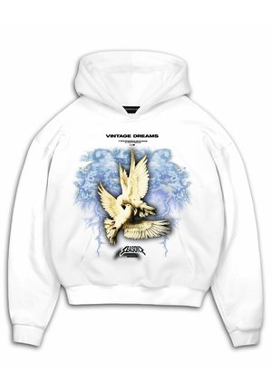 Hvid hættetrøje med et grafisk motiv af to duer mod en blå abstrakt baggrund, med teksten "Vintage Dreams" ovenfor og "Season" logoet nedenfor.