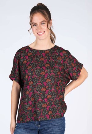 Black floral blouse featuring pink and red flower patterns, short sleeves, round neckline, and a relaxed fit. Made from lightweight fabric.