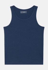 Μπλε σκούρο φανελάκι από μαλακό βαμβακερό ύφασμα, με στρογγυλή λαιμόκοψη και φαρδιές τιράντες. Η ετικέτα αναγράφει "FRIBOO."