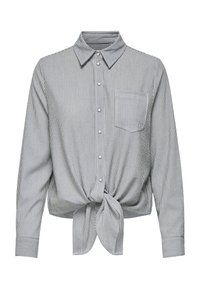 Camicia a righe blu e bianca in cotone, con dettaglio annodato sul davanti, colletto, maniche lunghe e una tasca sul petto.