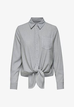 Prugasta košulja s dugim rukavima u plavoj i bijeloj boji, od pamuka, s vezanjem sprijeda, kragnom i jednim džepom na prsima.