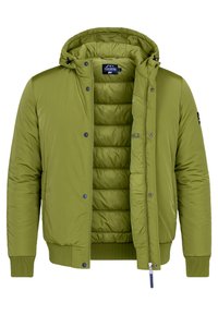 Olijfgroene pufferjas met een rits- en knoopsluiting, capuchon, geribde manchetten, gecapitonneerde voering en een logo-opdruk op de mouw.