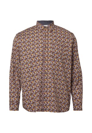 Bruine blouse met lange mouwen, voorzien van een meerkleurige dierenprint. Bovenaan een opstaande kraag en een knoopsluiting aan de voorkant, met een losse pasvorm.