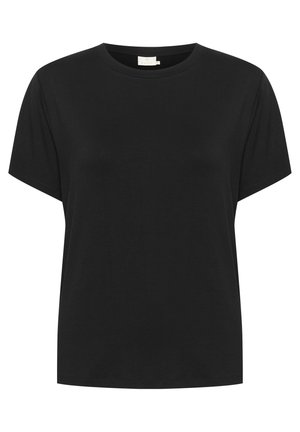 Mustamast puuvillast T-särk, millel on ümar kaelus ja lühikesed varrukad. Kangas on sileda tekstuuriga ja lohkema istuvusega, ilma nähtavate mustriteta.