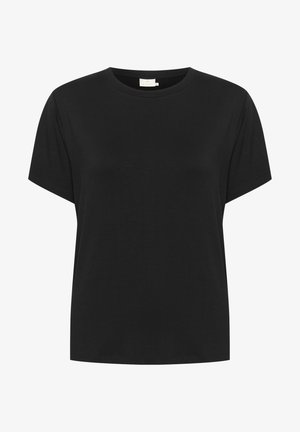 T-shirt in cotone nero con scollo tondo e maniche corte. Il tessuto ha una texture liscia e una vestibilità rilassata, senza motivi visibili.
