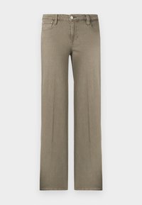 Széles szárú nadrág olíva zöld színben, farmer anyagból. Klasszikus öt zsebes kialakítással, gombos rögzítéssel és finom textúrával.