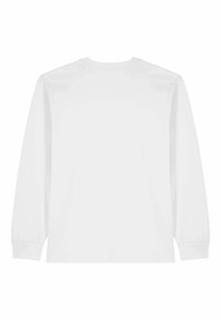 Chemise blanche unie à manches longues avec encolure ras du cou, poignets côtelés et ourlet droit, vue de dos.