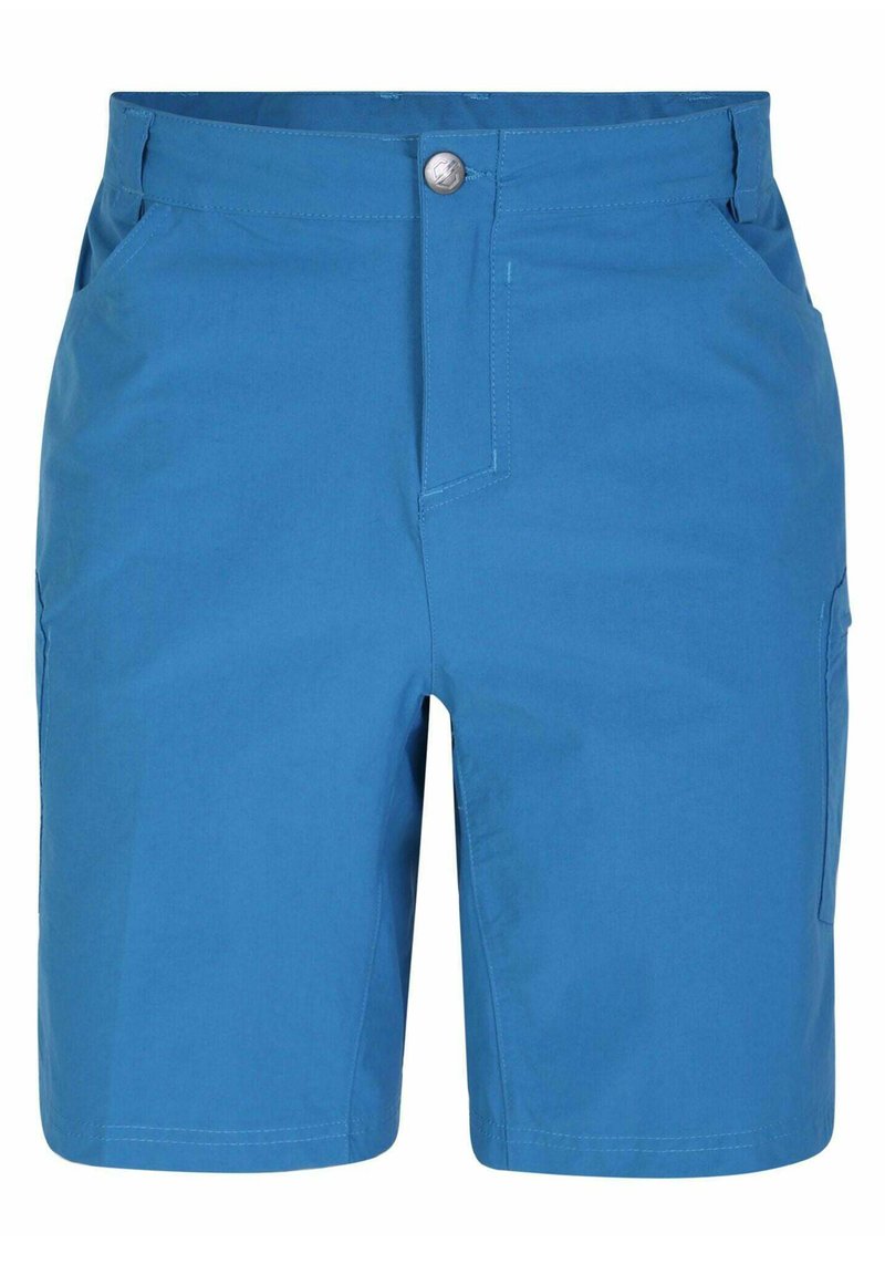 Blaue Shorts aus leichtem Stoff mit glatter Textur. Sie verfügen über zwei Vordertaschen und eine zusätzliche Seitentasche, die mit einem Knopf gesichert ist.