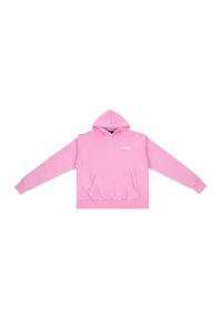 Felpa rosa realizzata in morbido tessuto, con tasca a marsupio, cappuccio con cordino e polsini e orlo a costine. Logo "DROPSIZE" in bianco.