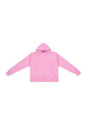 Pink hoodie made of soft fabric, featuring a kangaroo pocket, a drawstring hood, and ribbed cuffs and hem. "DROPSIZE" logo in white.