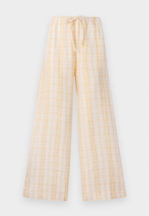 Wide-leg pants made of lightweight fabric in a pale yellow and white checked pattern. Features an elastic waistband with a drawstring.