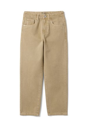 Jean beige droit avec passants de ceinture, fermeture par bouton et fermeture éclair, et design cinq poches, posé à plat sur un fond blanc.