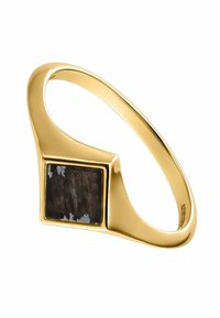 Anillo de oro con un diseño asimétrico que presenta una piedra oscura cuadrada incrustada. Superficie lisa y pulida con una forma moderna y elegante.