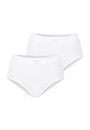 Dos braguitas blancas sin costuras para mujer con cinturillas elásticas, superpuestas sobre un fondo blanco liso.