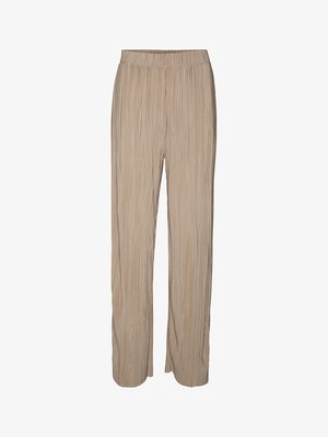 Beige, plissierte Marlene-Hosen mit elastischem Bund. Sie haben eine strukturierte Oberfläche und eine lässige Passform, die für Komfort und Bewegungsfreiheit sorgt.