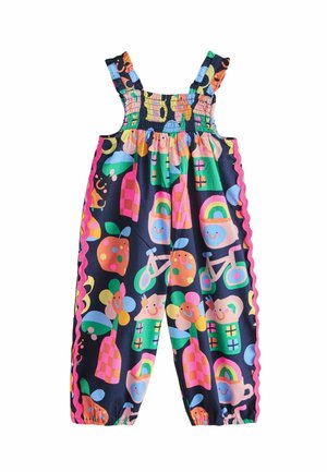Colorful children's sleeveless jumpsuit with elastic top and legs, featuring smiling rainbows, bicycles, flowers, and houses on navy background.