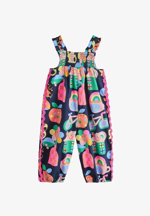 Bunter ärmelloser Kinder-Jumpsuit mit elastischem Oberteil und Beinen, mit lachenden Regenbögen, Fahrrädern, Blumen und Häusern auf dunkelblauem Hintergrund.