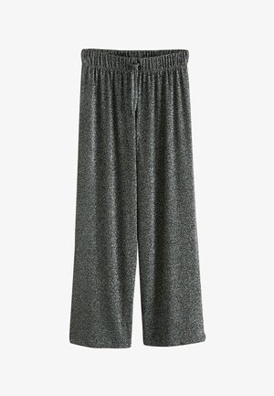 Pantaloni cu picioare largi dintr-un material tricotat cu modele negre și argintii. Dispun de un tiv elastic cu șnur pentru un fit ajustabil.