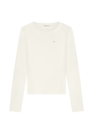 Witte geribbelde longsleeve met ronde halslijn en klein goudkleurig hartembleem op de linkerborst.