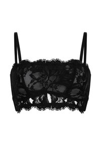 Zwarte kanten bralette met bloemmotieven, geschulpte randen, verstelbare bandjes en een semi-doorzichtig ontwerp voor ademend draagcomfort.