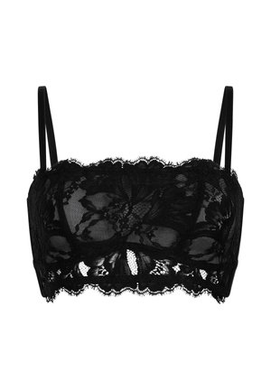 Zwarte kanten bralette met bloemmotieven, geschulpte randen, verstelbare bandjes en een semi-doorzichtig ontwerp voor ademend draagcomfort.