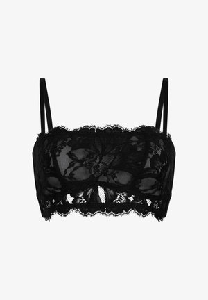 Schwarzer Spitzen-Bralette mit floralen Mustern, gewellten Kanten, verstellbaren Trägern und einem halbtransparenten Design für angenehmen Tragekomfort.