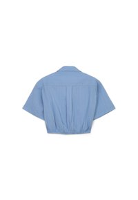 Maglietta blu a maniche corte, tagliata, con colletto e tessuto a righe strutturato. Orlo elastico in vita.